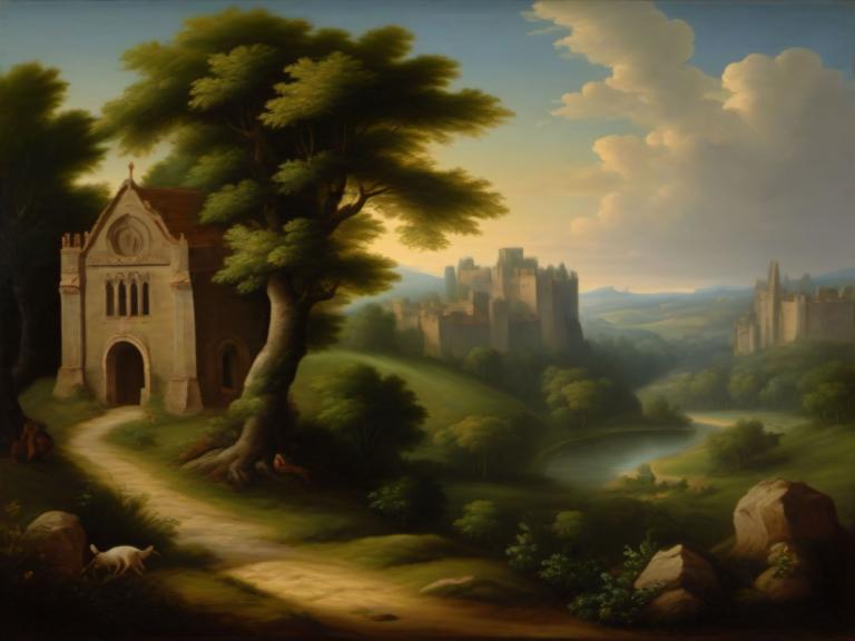 Oil Painting,Oil Painting, Nature, medieval european landscape, scenery, tree, no humans, cloud, sky