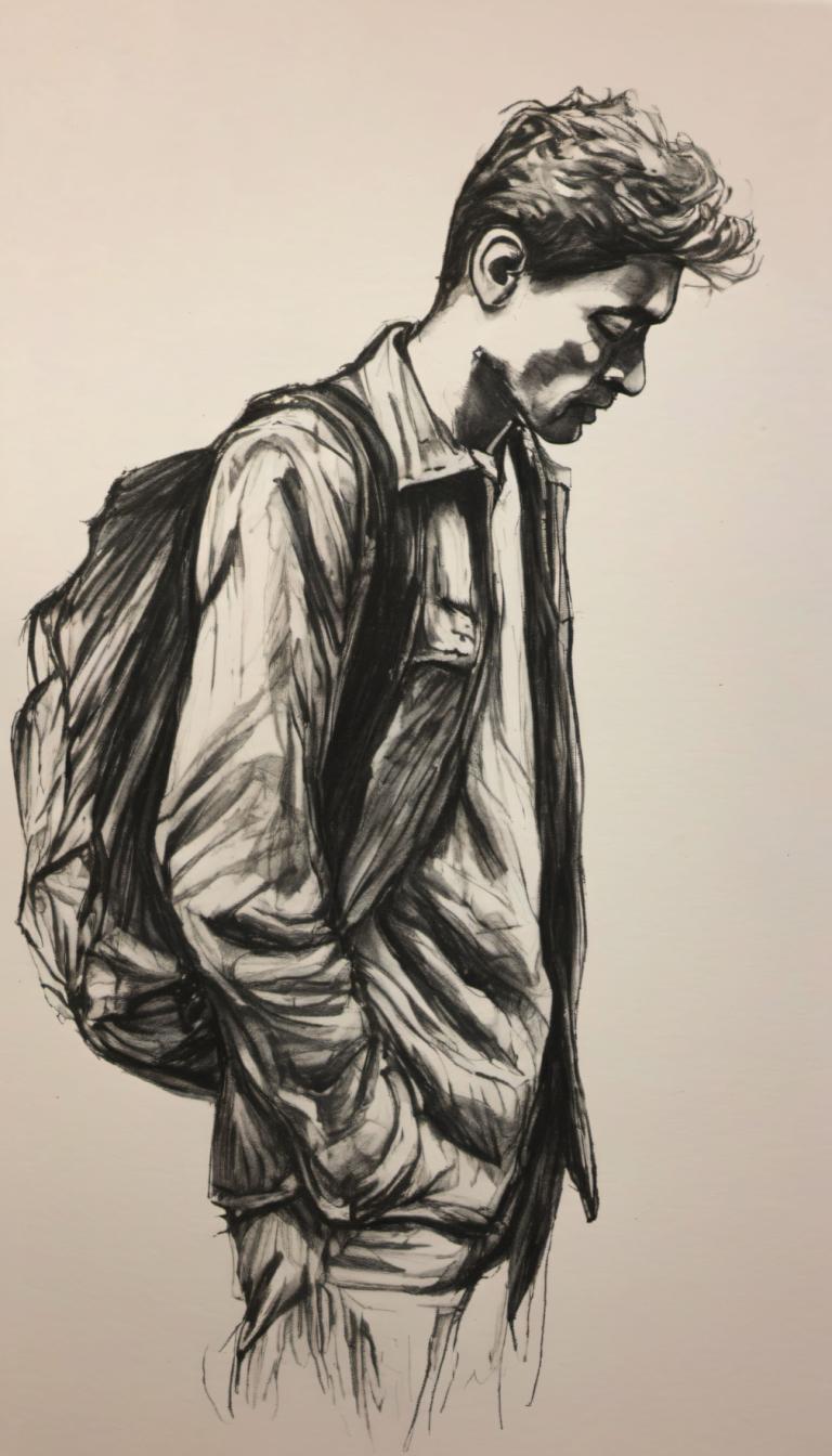 Sketch,Sketch, People, man, solo, 1boy, male focus, monochrome, backpack, bag, profile, hands in pockets