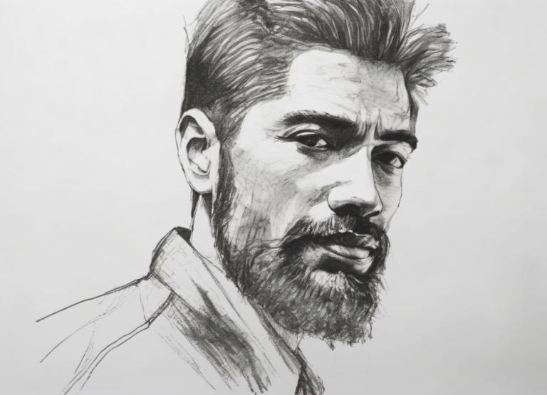 Sketch,Sketch, People, man, 1boy, monochrome, greyscale, solo, male focus, facial hair, beard