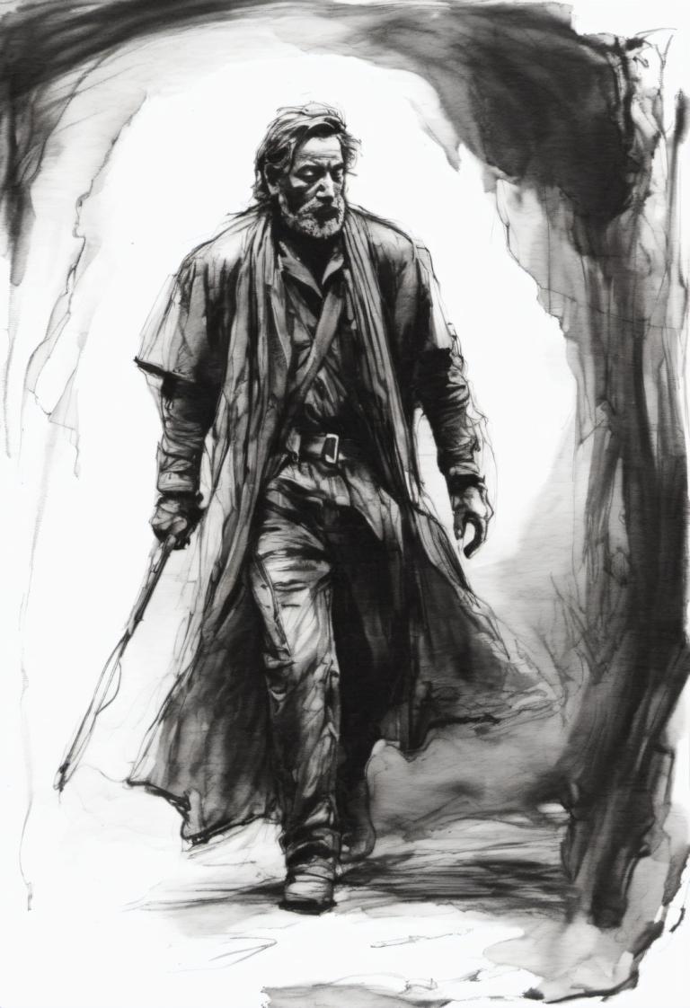 Sketch,Sketch, People, man, 1boy, monochrome, male focus, greyscale, walking, solo, facial hair, beard, coat