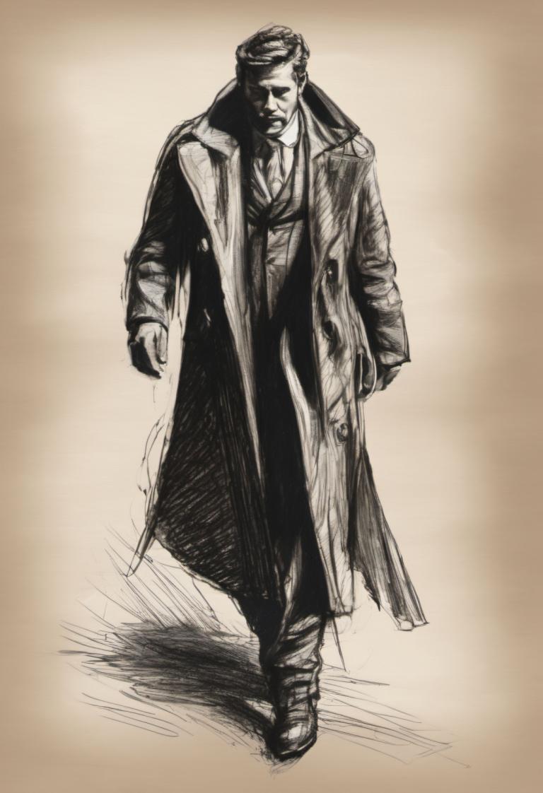 Schetsen,Schetsen, Mensen, man, 1 jongen, solo, mannelijke focus, monochroom, lange jas, trenchcoat, lopen