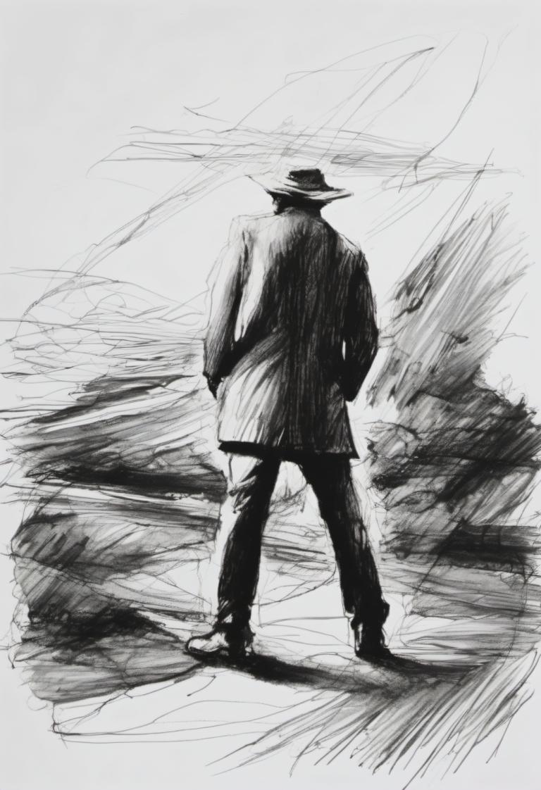 Sketch,Sketch, People, man, 1boy, monochrome, solo, fedora, male focus, hat, greyscale, from behind, sketch