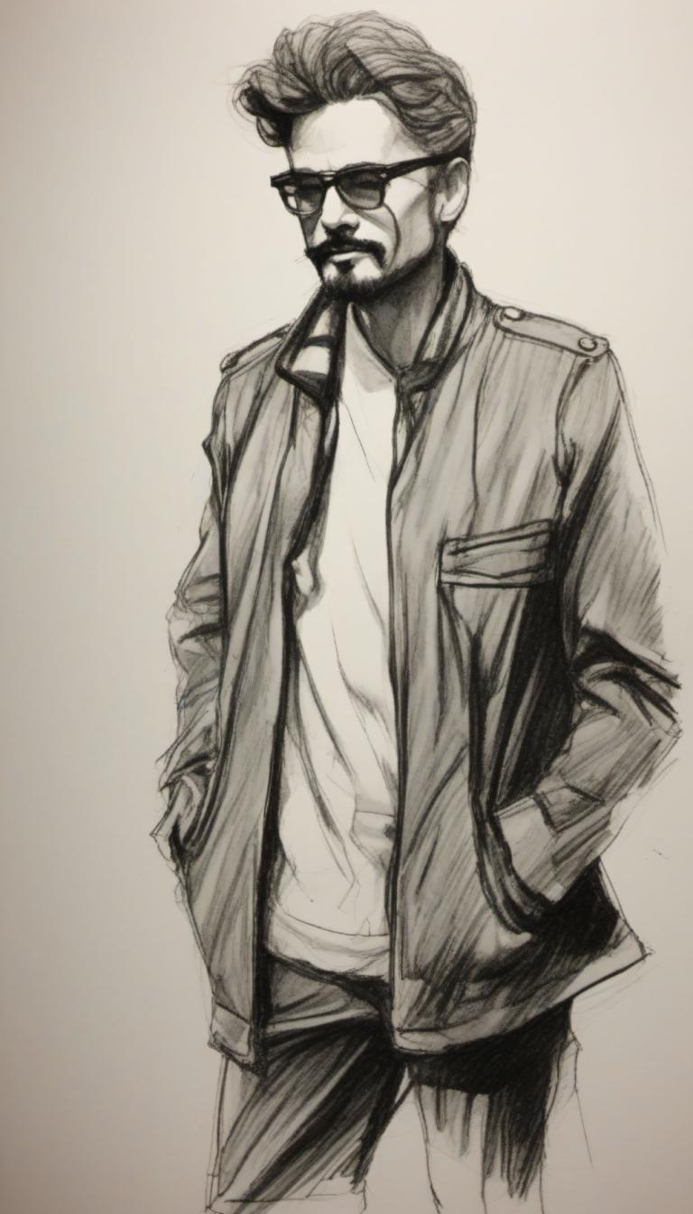 Sketch,Sketch, People, man, 1boy, male focus, solo, monochrome, sunglasses, jacket, facial hair