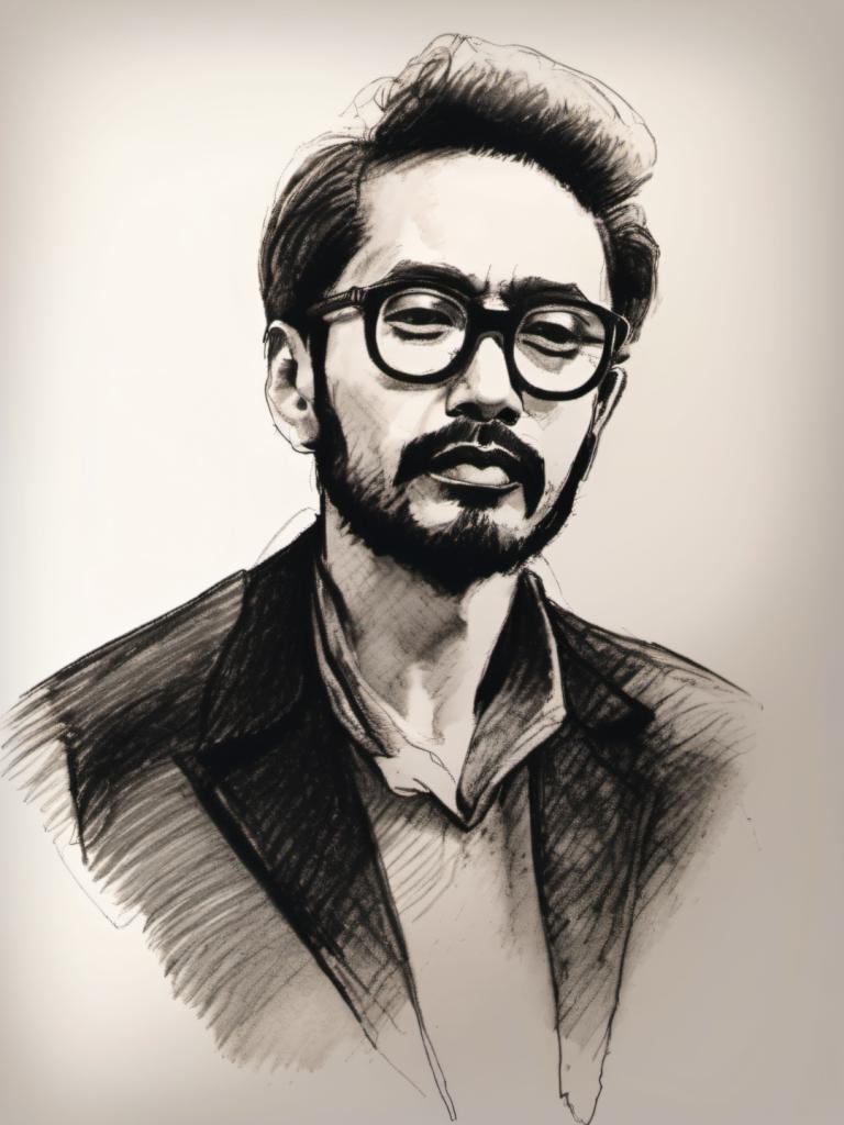 Sketch,Sketch, People, man, 1boy, male focus, solo, glasses, facial hair, monochrome, beard, mustache