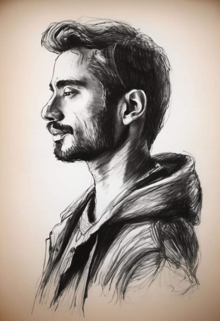 Sketch,Sketch, People, man, 1boy, solo, male focus, facial hair, monochrome, beard, hood, profile, greyscale