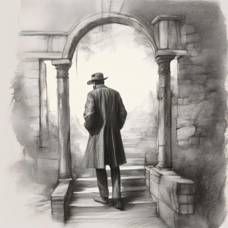 Sketch,Sketch, People, man, monochrome, 1boy, greyscale, solo, hat, male focus, hands in pockets, stairs