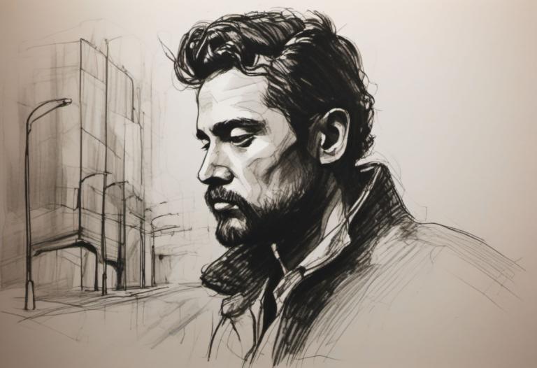 Sketch,Sketch, People, man, 1boy, solo, male focus, monochrome, facial hair, greyscale, traditional media