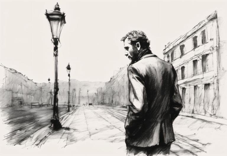 Sketch,Sketch, People, man, monochrome, 1boy, male focus, solo, greyscale, lamppost, hands in pockets