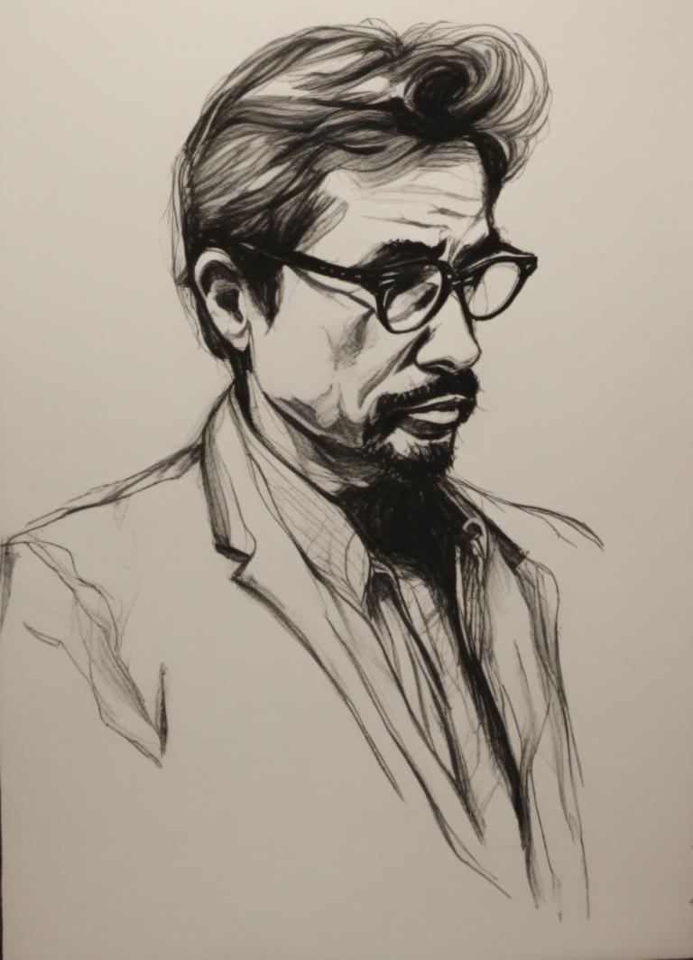 Sketch,Sketch, People, man, 1boy, male focus, solo, monochrome, glasses, facial hair, upper body, greyscale