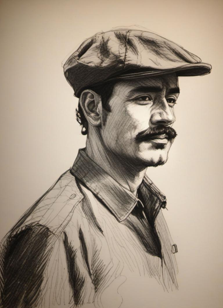 Sketch,Sketch, People, man, 1boy, male focus, solo, hat, monochrome, facial hair, mustache, uniform, military