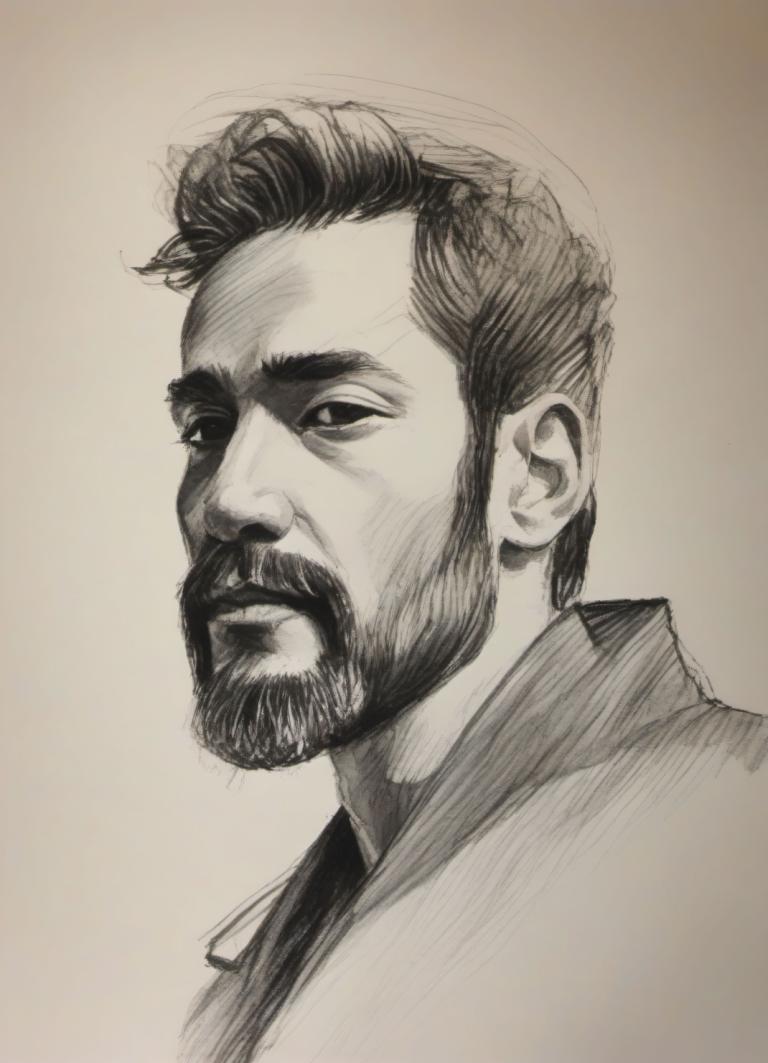 Sketch,Sketch, People, man, 1boy, solo, male focus, monochrome, facial hair, greyscale, beard, mustache