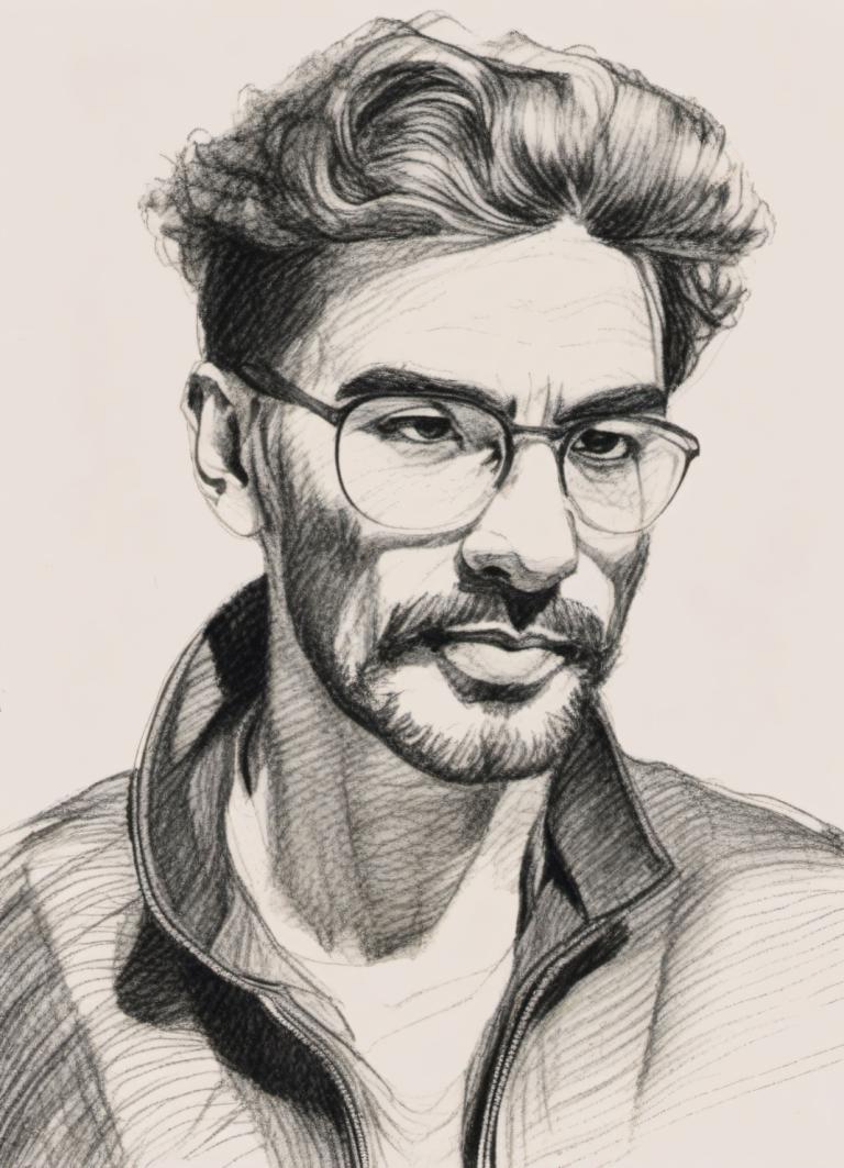 Sketch,Sketch, People, man, 1boy, solo, male focus, monochrome, glasses, facial hair, greyscale, jacket