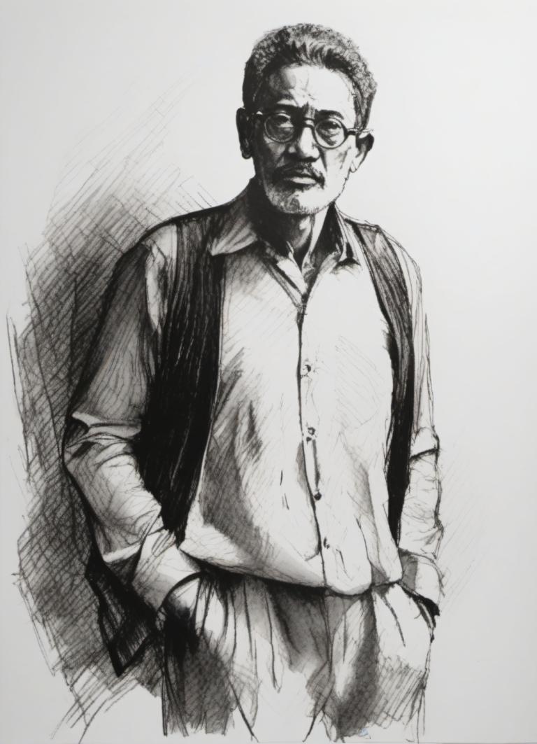 Sketch,Sketch, People, man, 1boy, monochrome, solo, male focus, greyscale, glasses, hands in pockets, bag