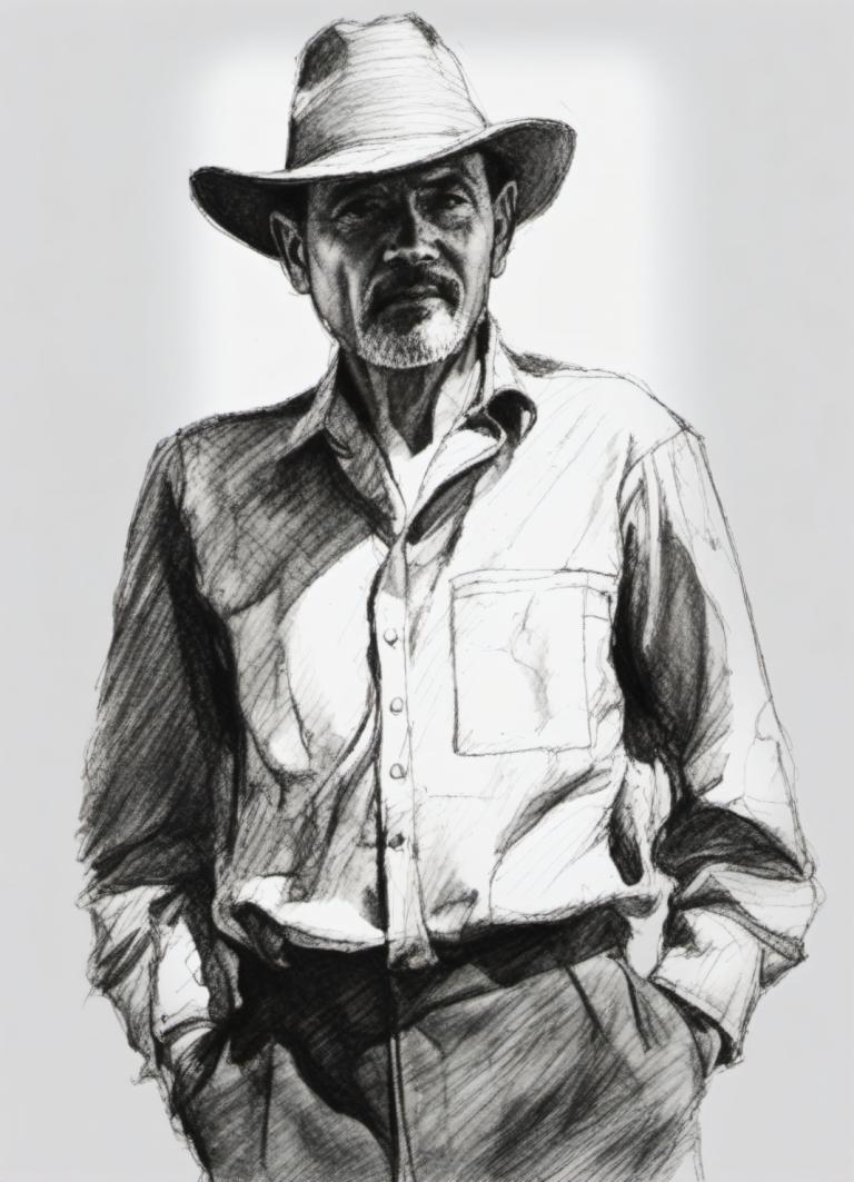 Sketch,Sketch, People, man, monochrome, 1boy, greyscale, solo, male focus, hat, facial hair, hands in pockets