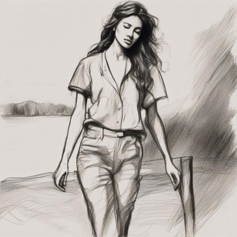 Sketch,Sketch, People, woman, 1girl, solo, monochrome, long hair, greyscale, pants, closed eyes, denim