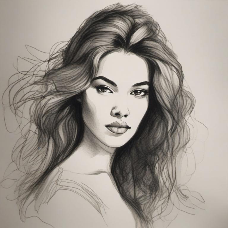 Schetsen,Schetsen, Mensen, vrouw, 1meisje, solo, monochroom, lang haar, grijstinten, lippen, portret