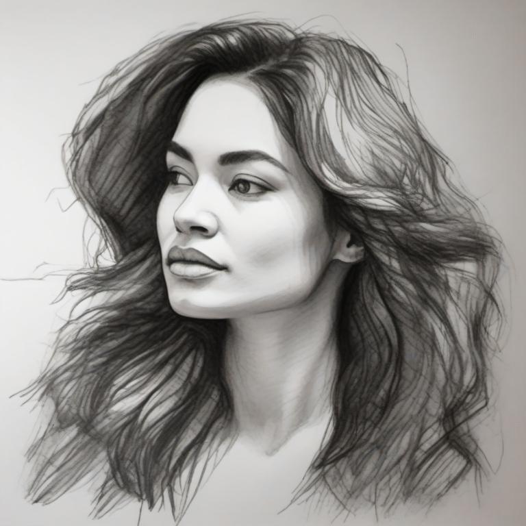 Sketch,Sketch, People, woman, solo, monochrome, greyscale, long hair, realistic, portrait, 1girl, lips