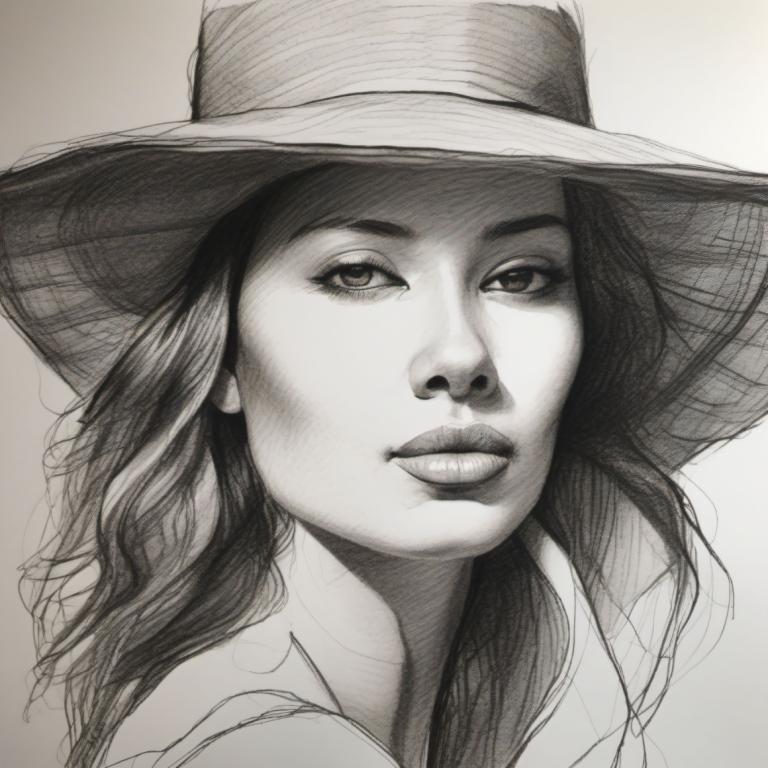 Sketch,Sketch, People, woman, 1girl, solo, monochrome, hat, greyscale, realistic, looking at viewer, portrait