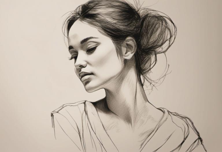 Sketch,Sketch, People, woman, solo, 1girl, monochrome, hair bun, realistic, single hair bun, upper body, lips