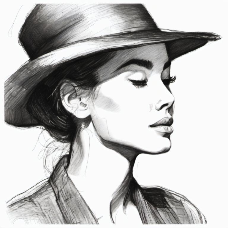 Sketch,Sketch, People, woman, solo, monochrome, 1girl, hat, greyscale, closed eyes, portrait, realistic