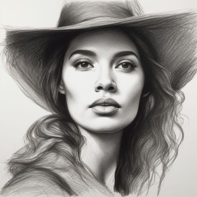 Sketch,Sketch, People, woman, solo, monochrome, hat, greyscale, 1girl, realistic, long hair, portrait, lips