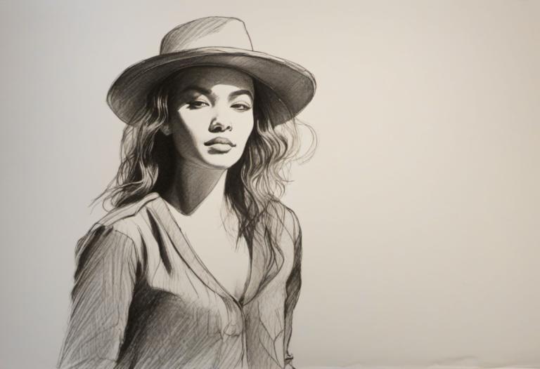 Sketch,Sketch, People, woman, solo, 1girl, monochrome, hat, greyscale, long hair, traditional media