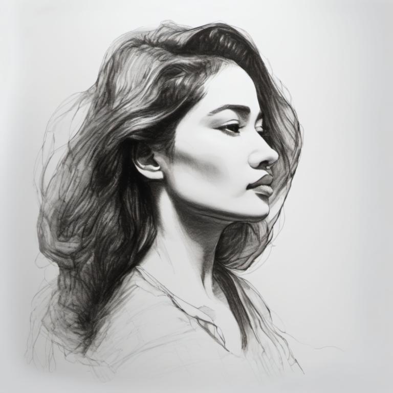 Sketch,Sketch, People, woman, 1girl, solo, monochrome, greyscale, long hair, realistic, portrait