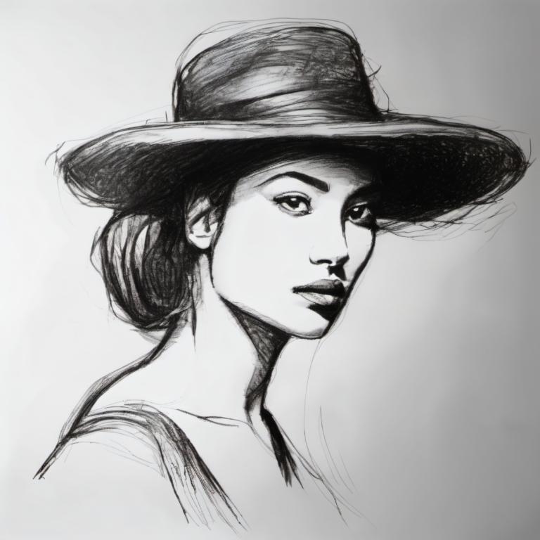 Schizzo,Schizzo, Persone, donna, 1 ragazza, assolo, scala di grigi, monocromo, cappello, schizzo, Chignon