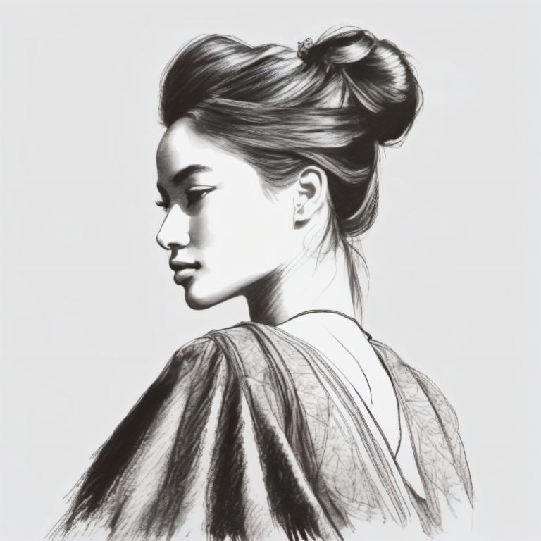 Sketch,Sketch, People, woman, 1girl, solo, monochrome, greyscale, realistic, hair bun, profile