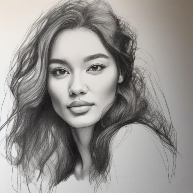 Sketch,Sketch, People, woman, solo, 1girl, monochrome, greyscale, long hair, realistic, looking at viewer