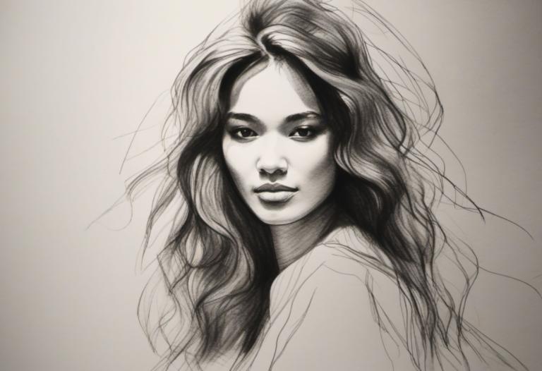 Sketch,Sketch, People, woman, 1girl, solo, monochrome, long hair, greyscale, looking at viewer, lips