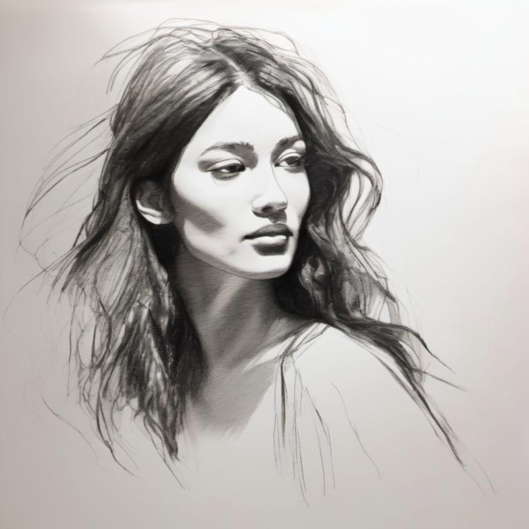 Sketch,Sketch, People, woman, solo, monochrome, long hair, greyscale, 1girl, realistic, portrait, upper body