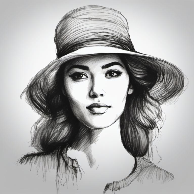 Sketch,Sketch, People, woman, 1girl, solo, greyscale, monochrome, hat, portrait, realistic, looking at viewer