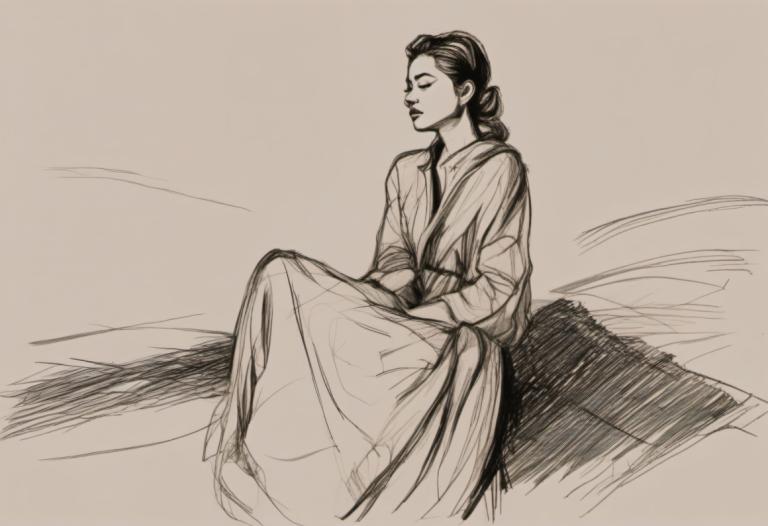 Sketch,Sketch, People, woman, 1girl, solo, monochrome, sitting, closed eyes, robe, long hair, sketch