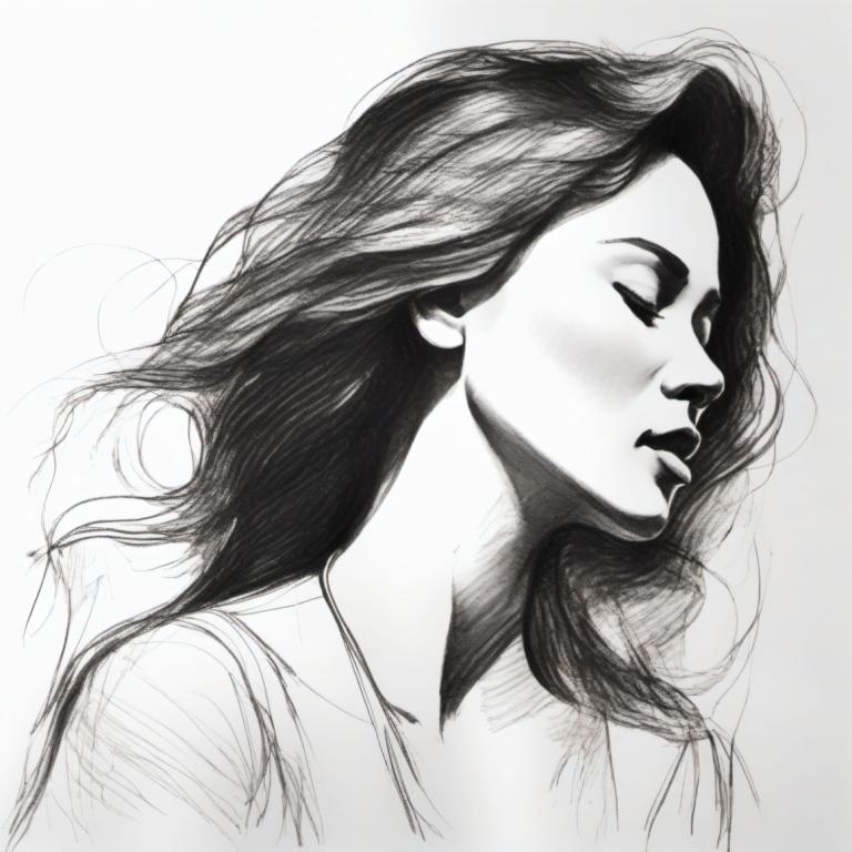 Sketch,Sketch, People, woman, 1girl, monochrome, solo, greyscale, long hair, closed eyes, sketch, realistic