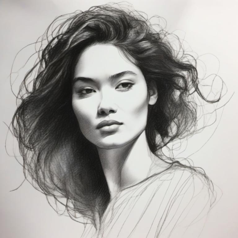 Sketch,Sketch, People, woman, 1girl, solo, monochrome, greyscale, realistic, looking at viewer, lips, sketch