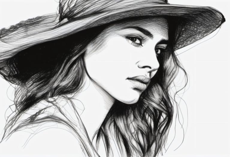 Sketch,Sketch, People, woman, monochrome, solo, hat, greyscale, 1girl, realistic, long hair, sketch