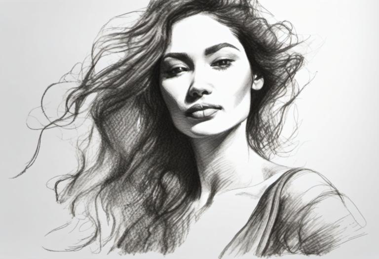 Sketch,Sketch, People, woman, 1girl, solo, monochrome, greyscale, long hair, realistic, traditional media