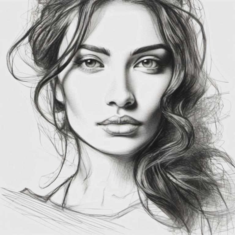 Sketch,Sketch, People, woman, solo, monochrome, greyscale, 1girl, portrait, realistic, looking at viewer