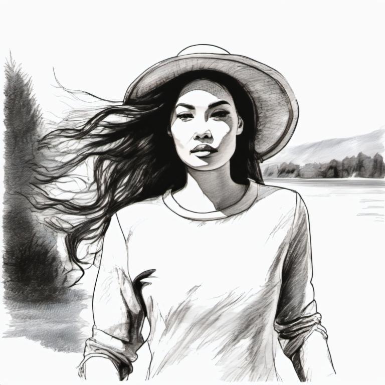 Sketch,Sketch, People, woman, solo, hat, greyscale, monochrome, 1girl, long hair, looking at viewer