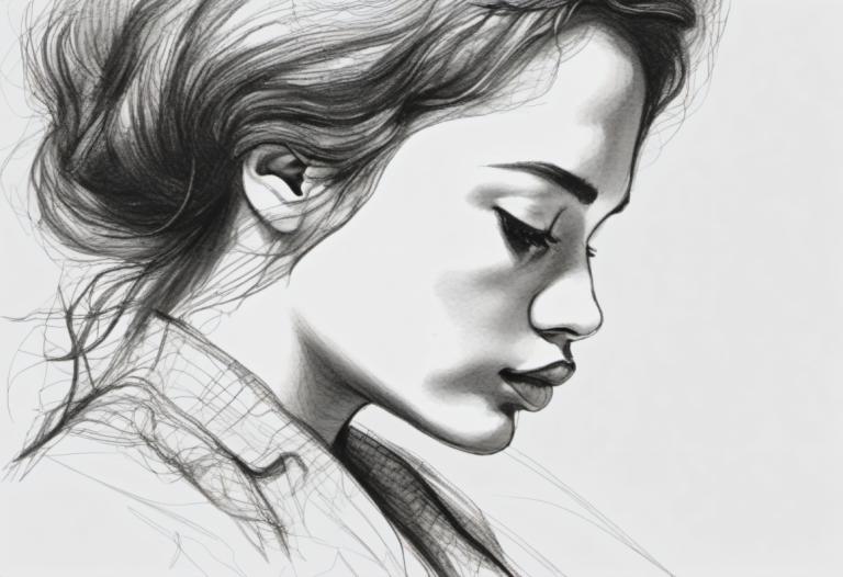 Sketch,Sketch, People, woman, monochrome, solo, greyscale, 1girl, realistic, profile, lips, simple background