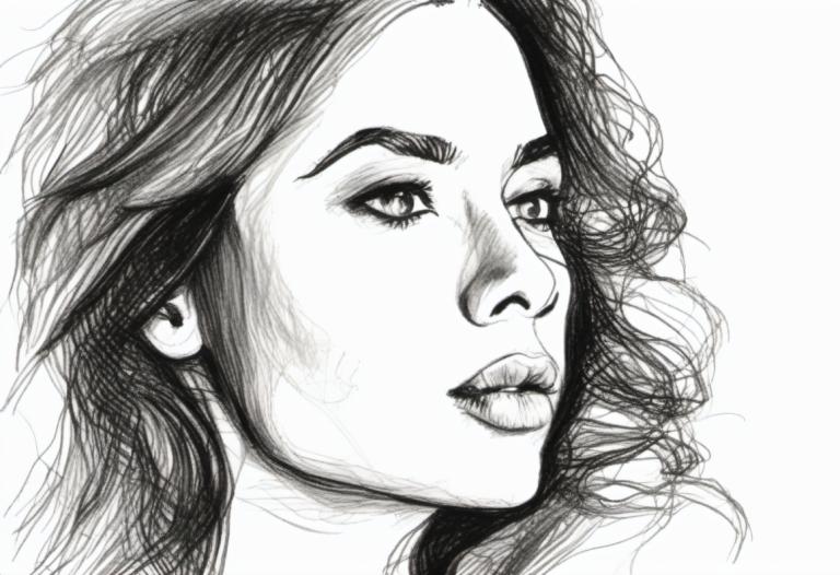 Sketch,Sketch, People, woman, solo, monochrome, greyscale, 1girl, realistic, lips, portrait, long hair