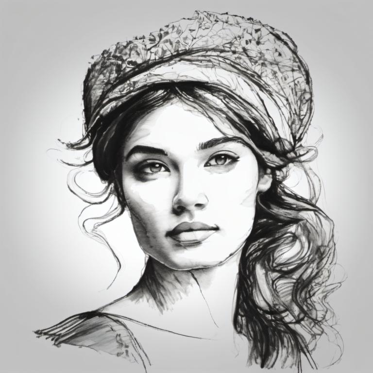 Sketch,Sketch, People, woman, 1girl, greyscale, solo, monochrome, portrait, realistic, hat, looking at viewer