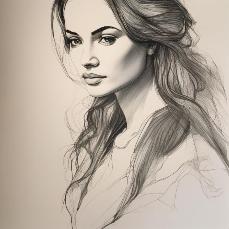 Sketch,Sketch, People, woman, 1girl, solo, monochrome, long hair, sketch, lips, realistic, traditional media