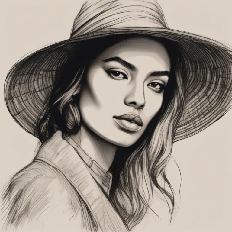 Sketch,Sketch, People, woman, solo, monochrome, hat, 1girl, greyscale, looking at viewer, portrait, long hair