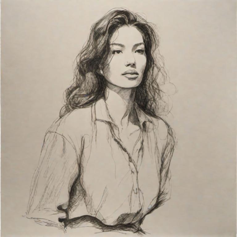 Sketch,Sketch, People, woman, 1girl, solo, monochrome, long hair, shirt, traditional media, upper body