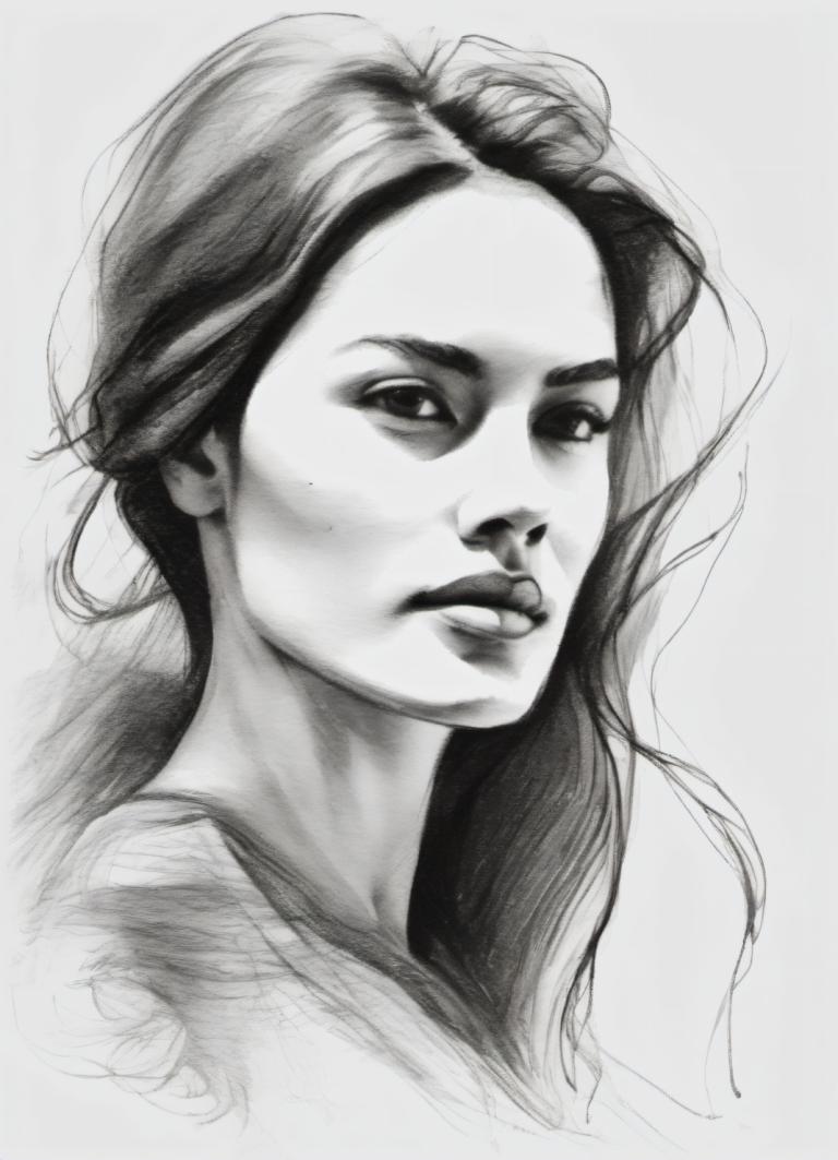 Sketch,Sketch, People, woman, solo, monochrome, greyscale, realistic, long hair, 1girl, mole, lips, portrait