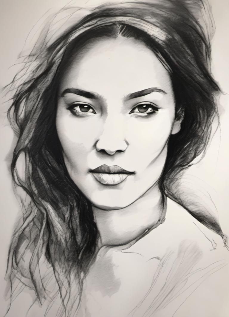 Sketch,Sketch, People, woman, solo, 1girl, monochrome, greyscale, realistic, lips, long hair, portrait