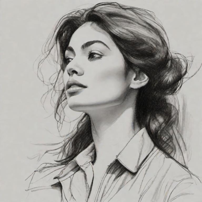 Sketch,Sketch, People, woman, solo, greyscale, monochrome, 1girl, realistic, long hair, shirt, collared shirt