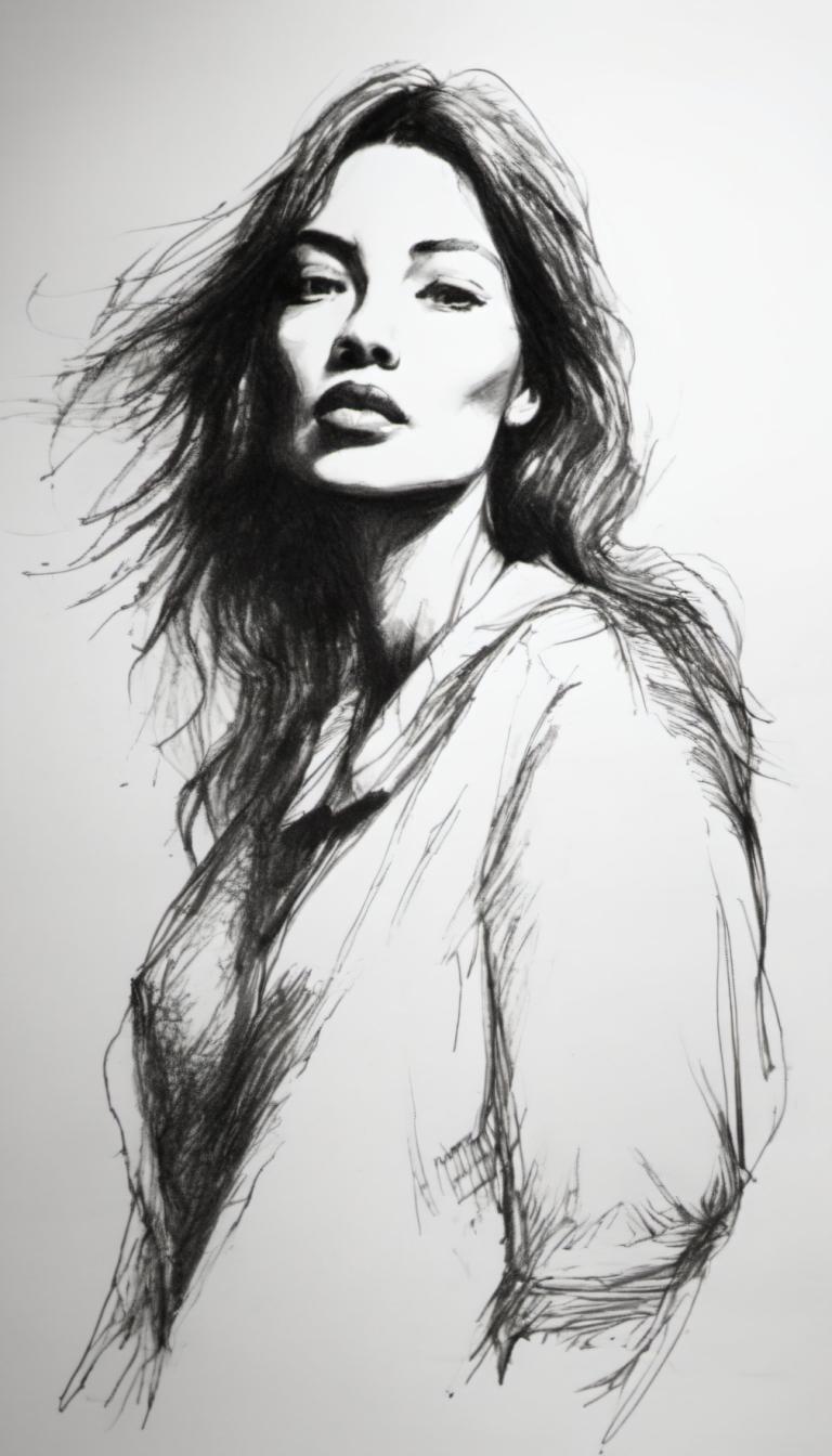 Sketch,Sketch, People, woman, solo, 1girl, monochrome, greyscale, long hair, looking at viewer, upper body